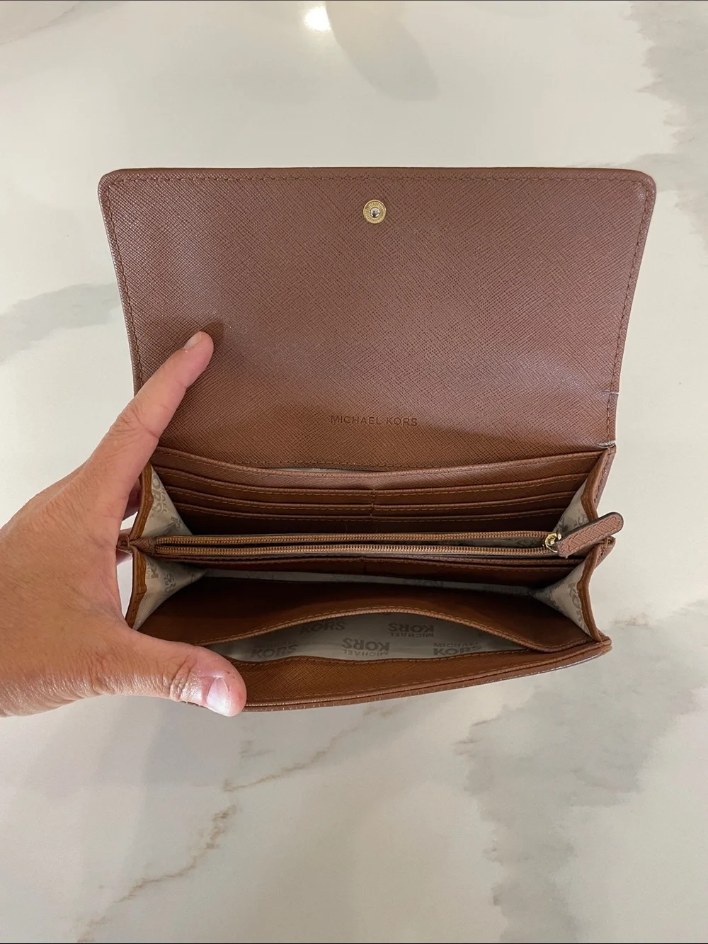 Michael Kors Tan Pebbled Leather Continental Wallet with Gold MK Emblem